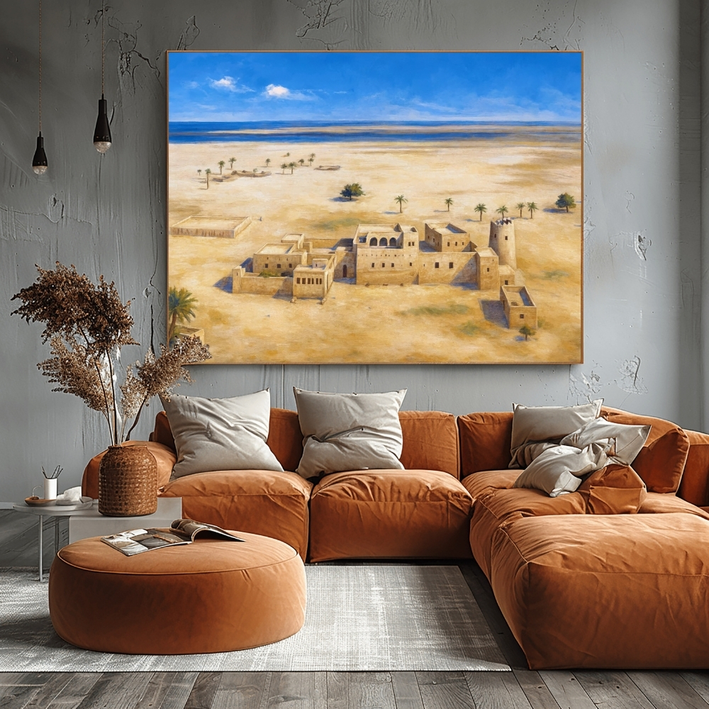 UAE 106-2025 عجمان قبل العمران… حصون الرمل والبحر – Old Ajman Desert Stronghold Early Coastal Settlement in Digital Heritage Art - Image 1