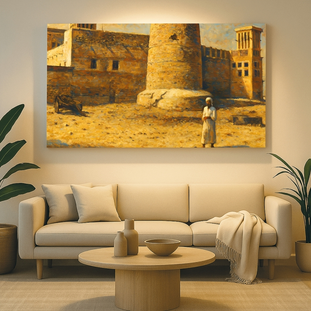 UAE 107-2025 ظلّ الحصن وحارس الذاكرة – Ajman Historic Fort & Human Presence Emirati Heritage Scene in Digital Restoration Art - Image 1