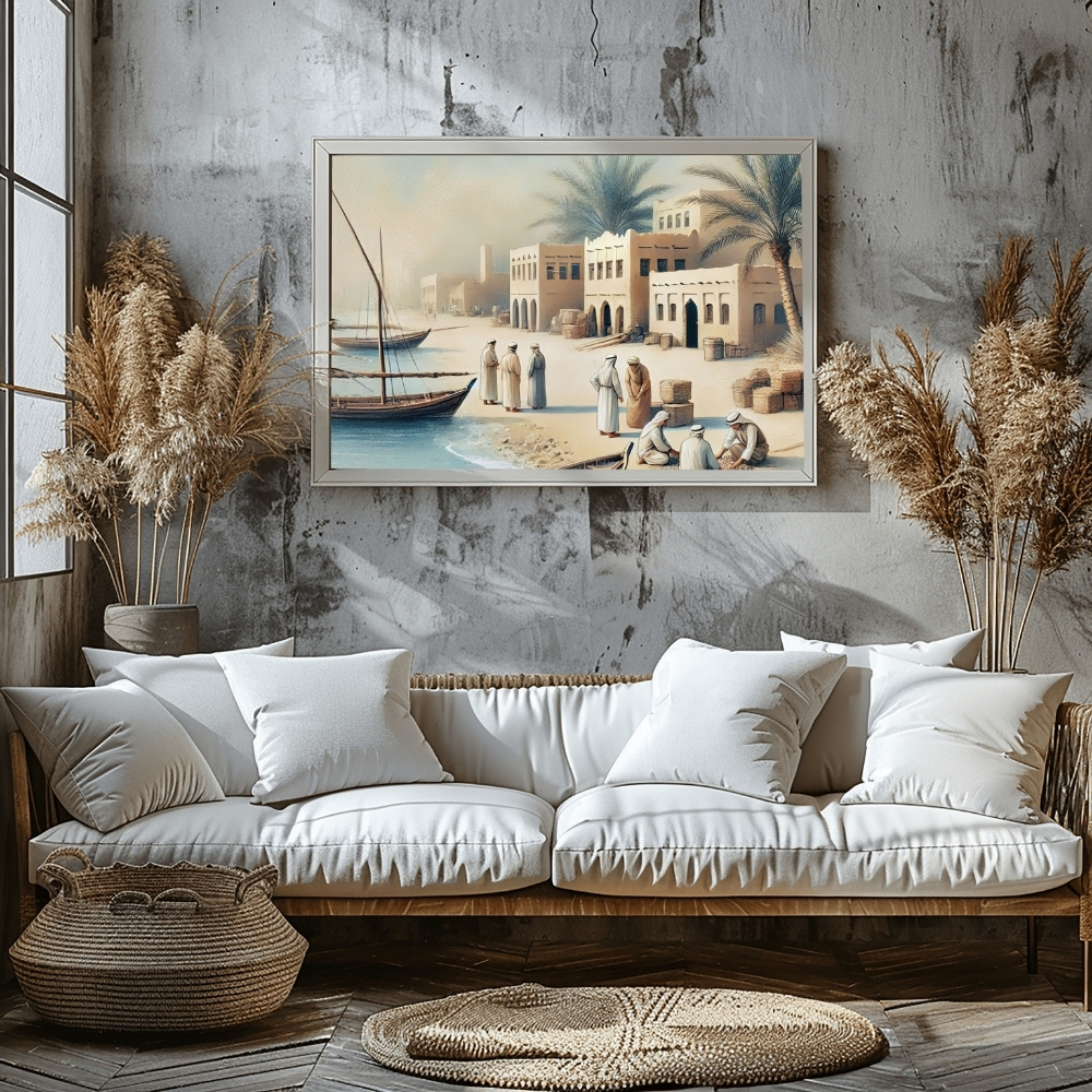 UAE 110-2025 مرافئ دبي الأولى وحياة الساحل – Old Dubai Coastal Life & Harbors Early Maritime Settlement in Digital Heritage Art - Image 1
