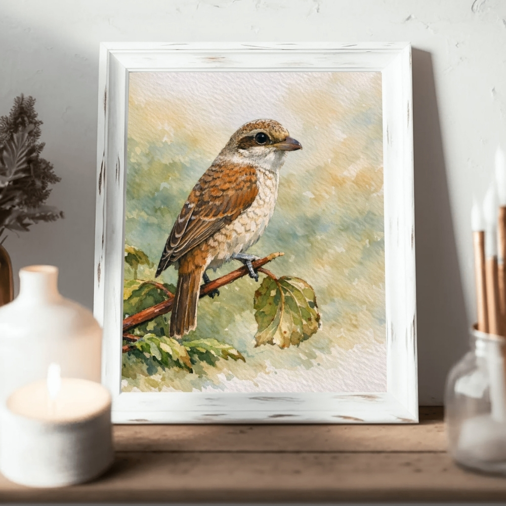 GCC 143-2025 الجتبي الخليجي – أناقة الصرد بريشة مائية | Arabian Shrike Elegance – Watercolor Desert Bird Art - الصورة 1