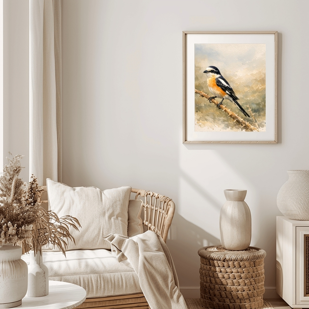 GCC 145-2025 الحسيني – حضور الصرد بألوان الصحراء الناعمة | Arabian Shrike “Hussaini” – Soft Desert Watercolor Art - الصورة 1