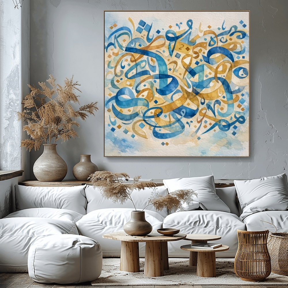 GCC 204-2025 وهج الأزرق والذهب في الحروف المتراقصة – Luminous Dance of Blue & Gold Calligraphy - Image 1
