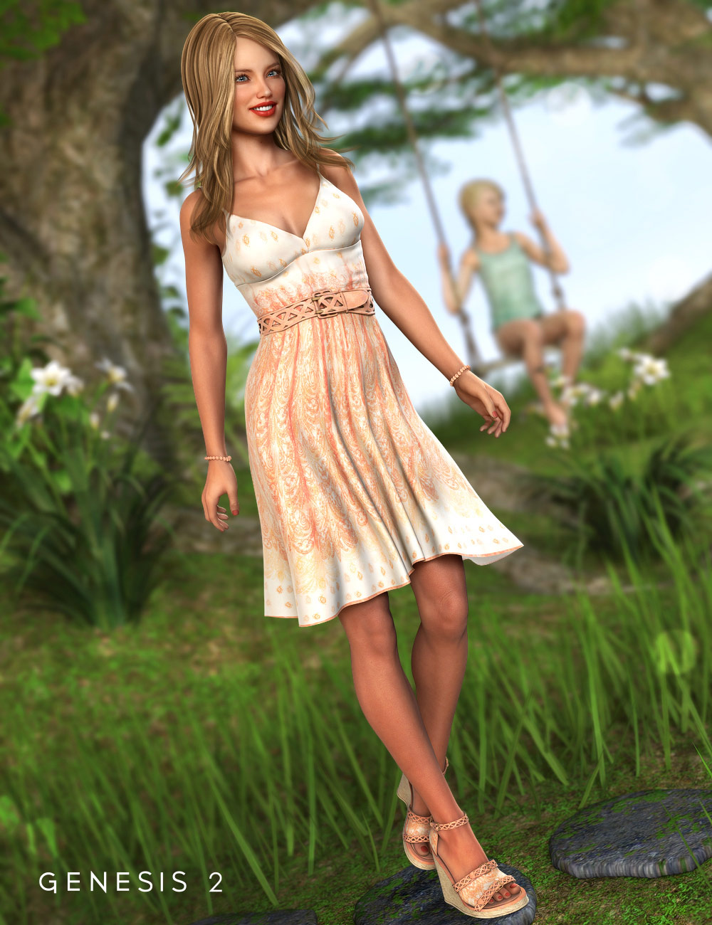 Southern Peach Sundress Outfit for Genesis 2 Female(s) by: Barbara BrundonMorris, 3D Models by Daz 3D