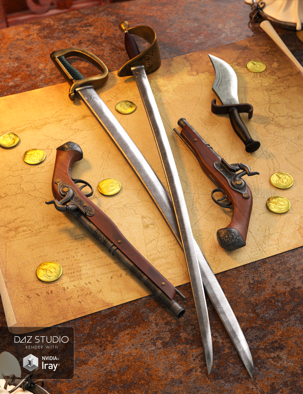 Pirate Weapons for Genesis 3 and 8 Male(s) and Female(s) by: Val3dart, 3D Models by Daz 3D