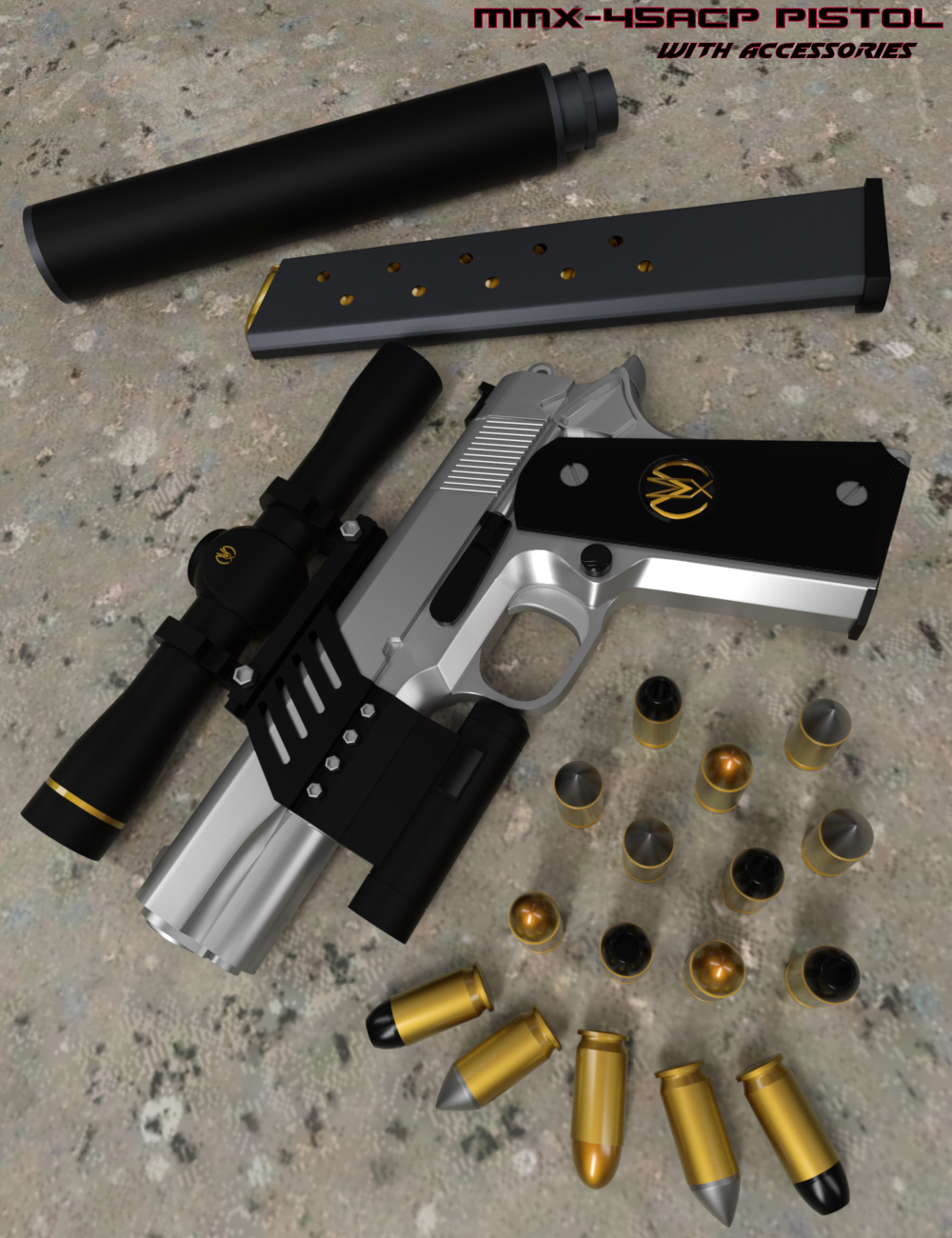MMX-45ACP Pistol with Accessories by: Mattymanx, 3D Models by Daz 3D