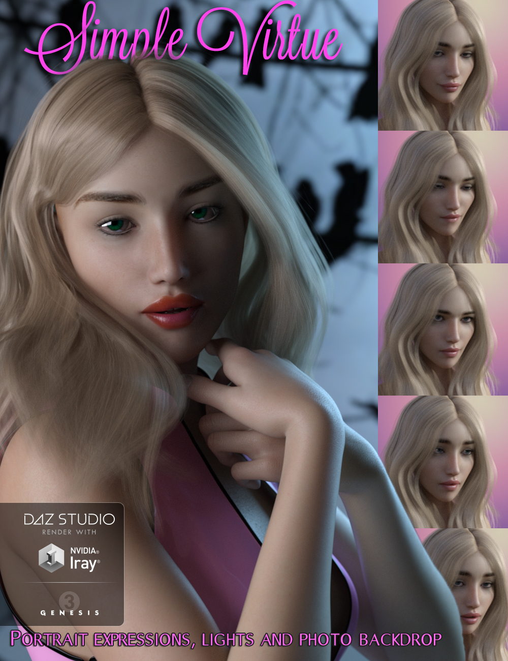 Simple Virtue: Portrait Expressions Set for Genesis 3 Female(s) by: Skyewolf, 3D Models by Daz 3D