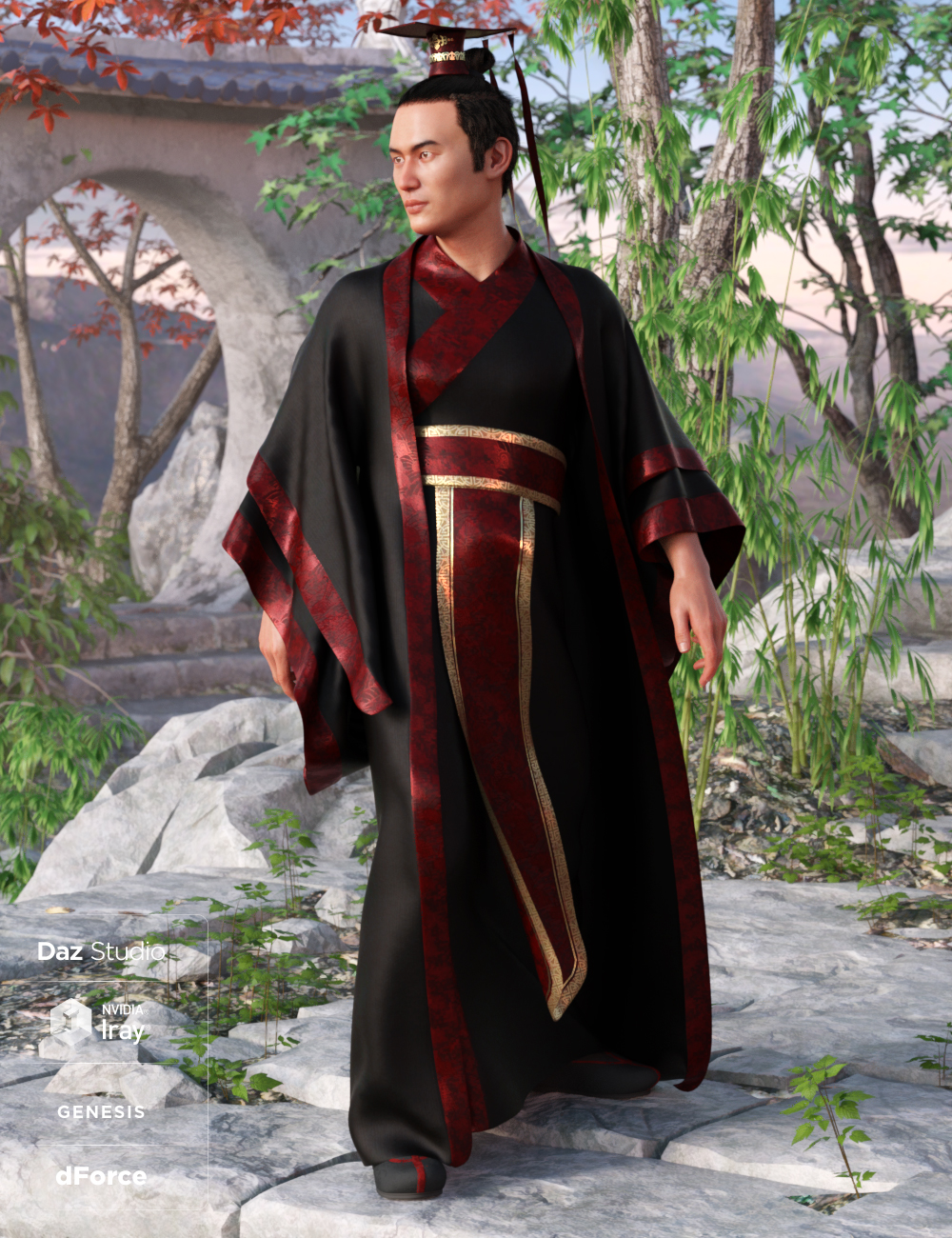 dForce Hanfu Outfit for Genesis 8 Male(s) by: Moonscape GraphicsNikisatez, 3D Models by Daz 3D