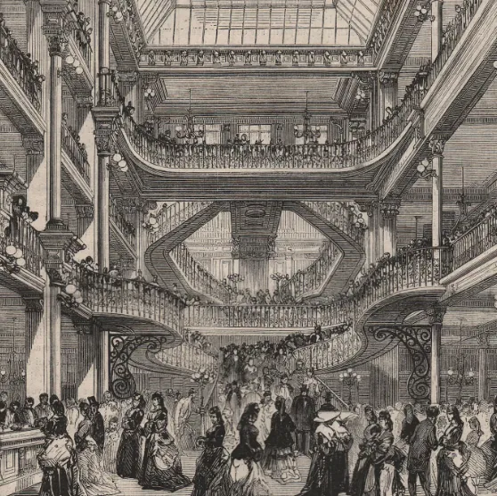 Interior view of Le Bon Marché, Paris, illustrating the grand atriums, monumental staircases, and social spectacle that transformed shopping into an experience. Source: Le Bon Marché Rive Gauche Archives, Paris.