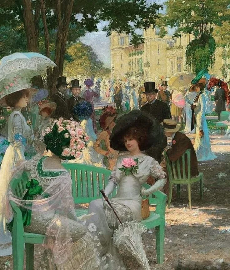 The art is interpreted by the author as a theatre of visibility where society performs itself through fashion, gaze, and gossip, René Archille Rousseau-Decelle, Le pesage de Longchamp, 1910, oil on canvas, Property of The Westervelt Company.
