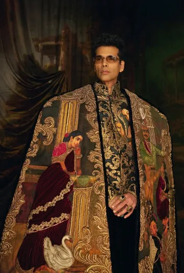 Karan Johar wearing custom Manish Malhotra couture inspired by the works of Raja Ravi Varma, styled by Eka Lakhani. Photo Credits: Karan Johar Instagram.