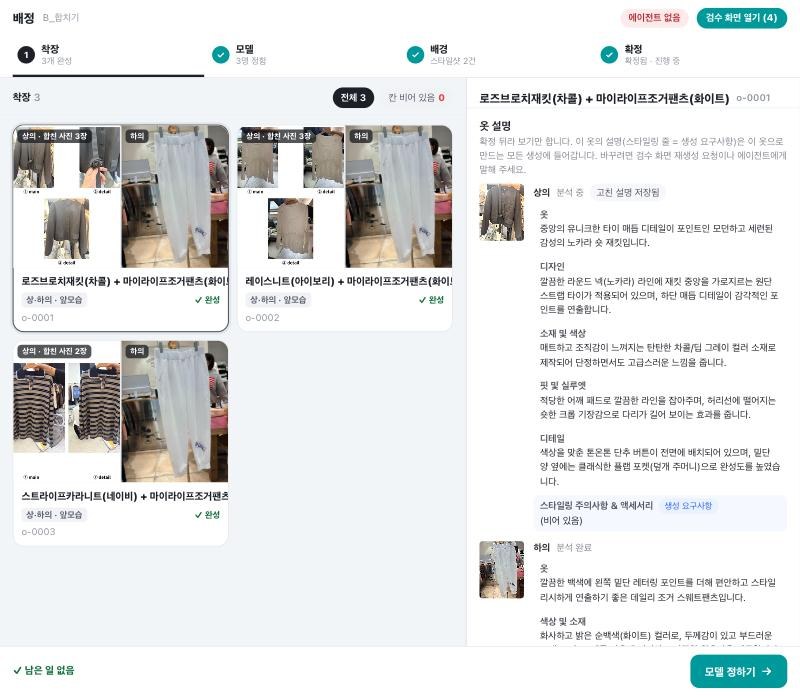 배정 화면의 착장 카드. 「상의 · 합친 사진 3장」으로 어떤 사진이 함께 들어갔는지 보이고, 오른쪽에는 그 사진들로 쓴 옷 설명이 붙습니다.
