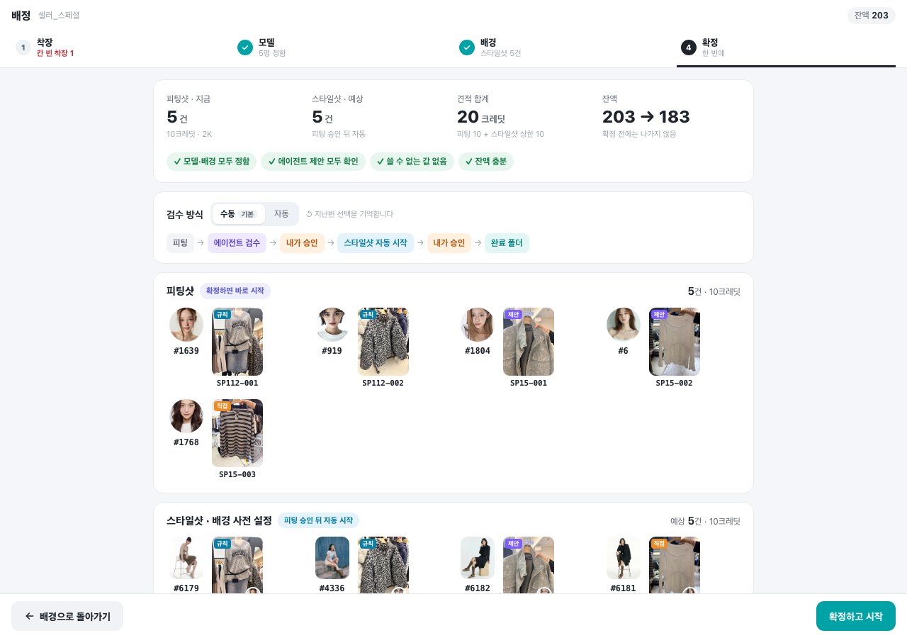 「이대로 가자」 — 착장마다 모델과 배경, 예상 크레딧을 한 화면에서 확인하고 확정합니다.
