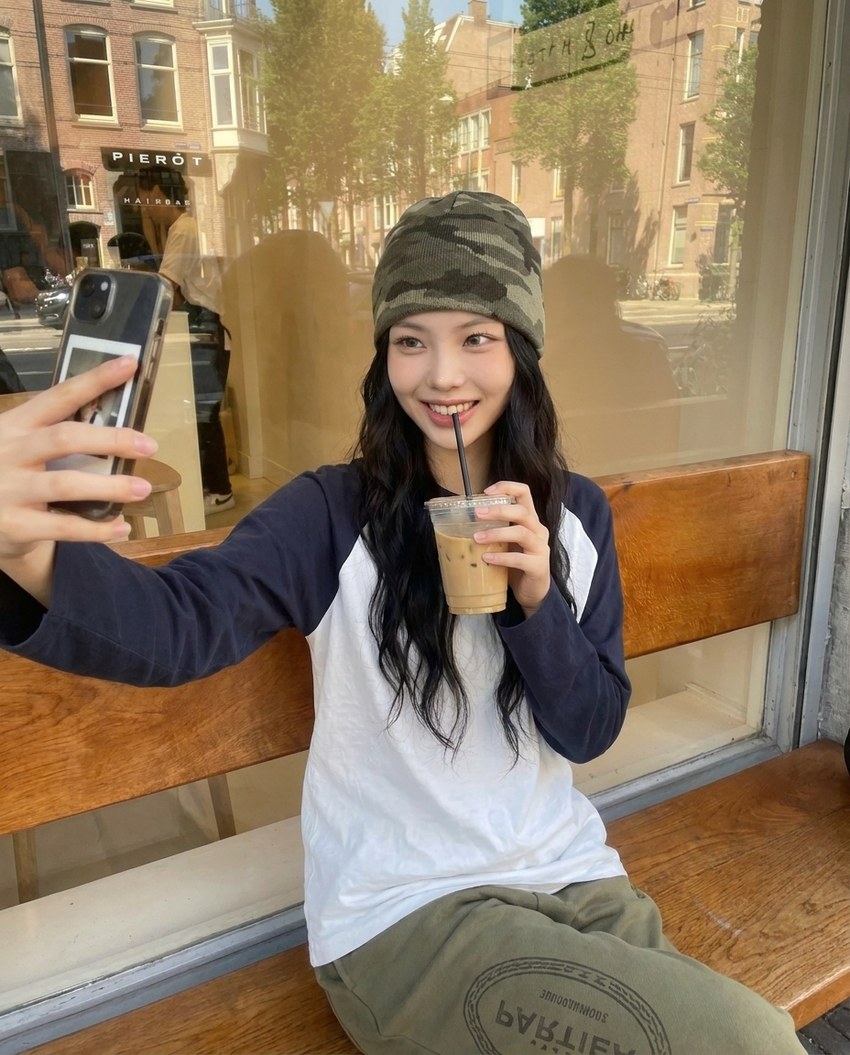 카페 창가에 앉아 있는 모델의 컷