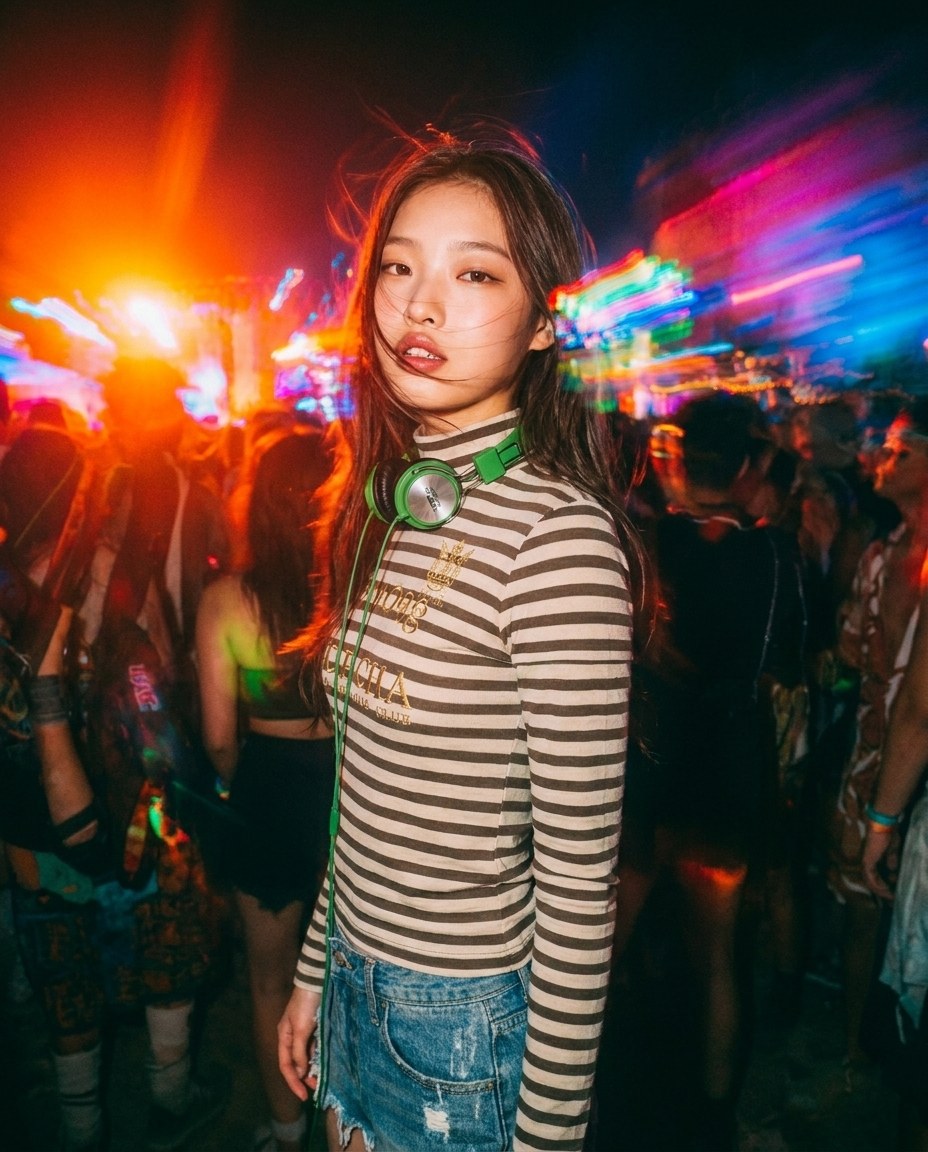 네온이 번지는 밤거리에서 줄무늬 티셔츠를 입고 선 모델