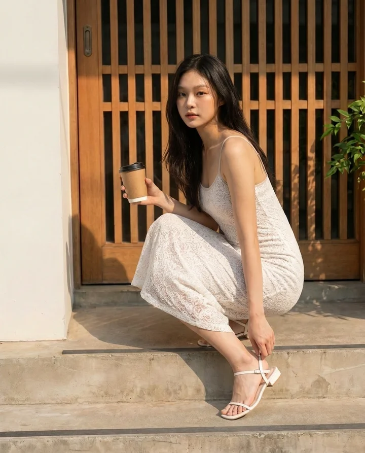 韓系模特兒穿白色蕾絲吊帶裙蹲坐在韓屋木門前台階上手持咖啡，首爾