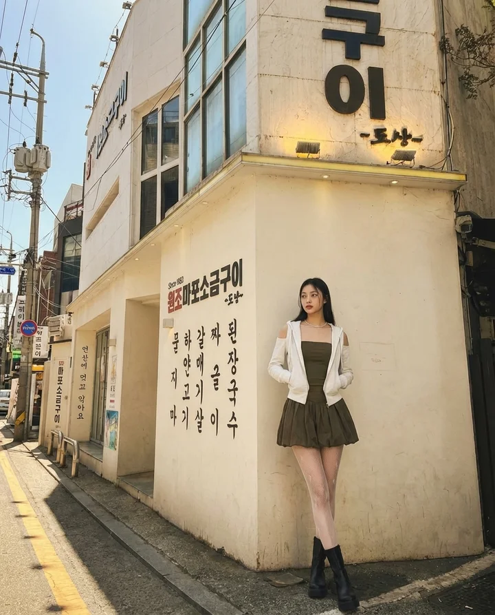 韓系模特兒穿橄欖色背心搭百褶裙靠著麻浦烤肉店外牆，首爾小巷