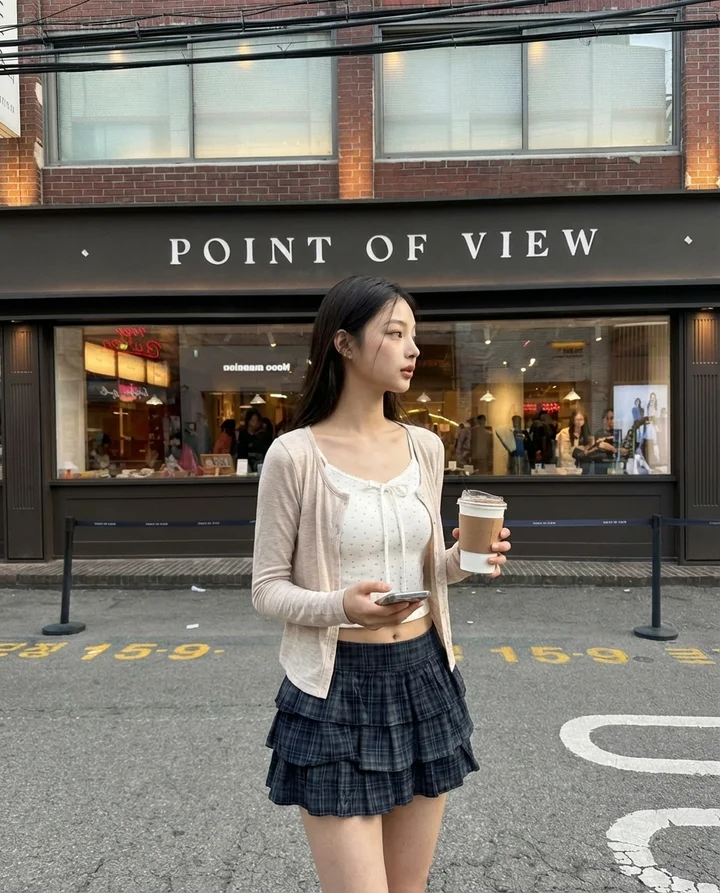 Model Korea berpakaian cardigan beige dan skirt kotak-kotak memegang kopi berdiri di depan kafe Point of View, Seoul