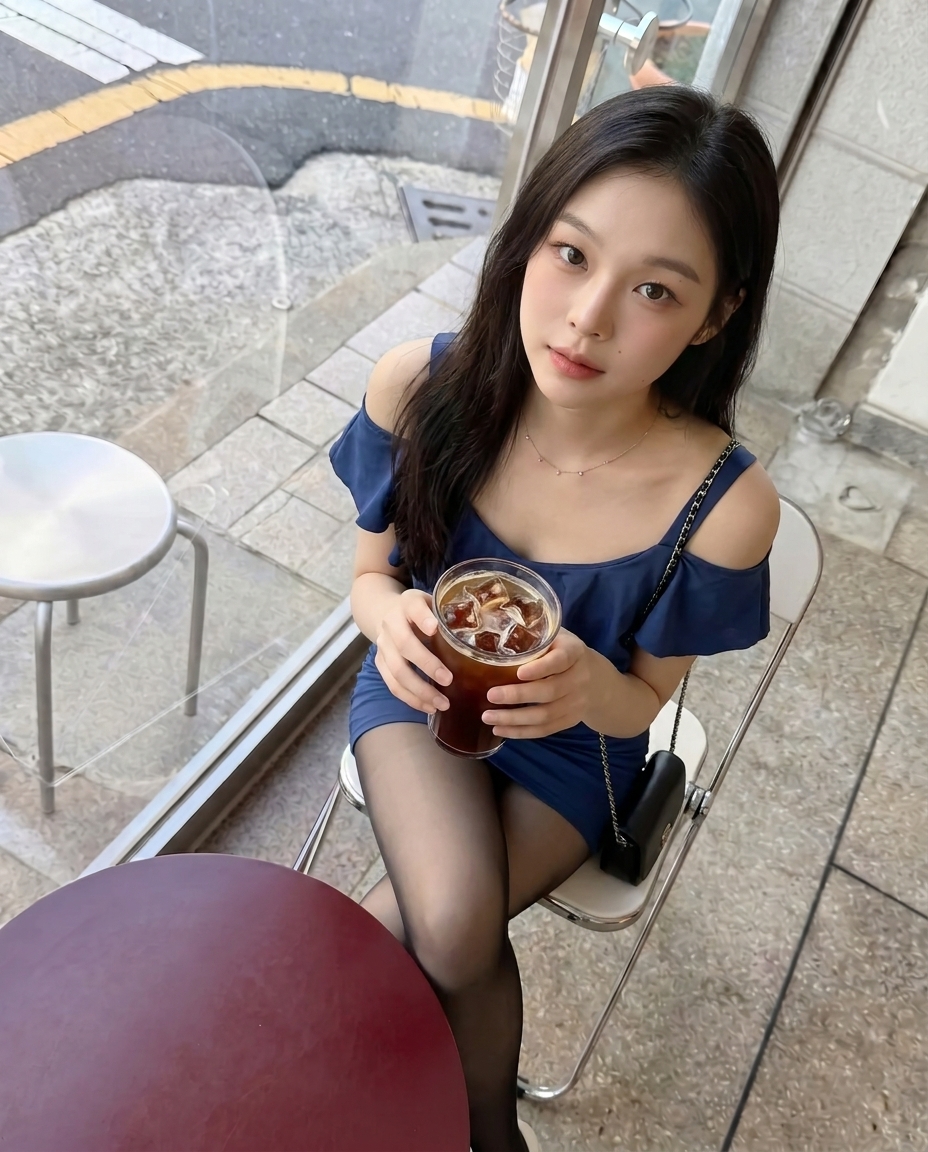 Korean model in blue dress at outdoor Seoul cafe