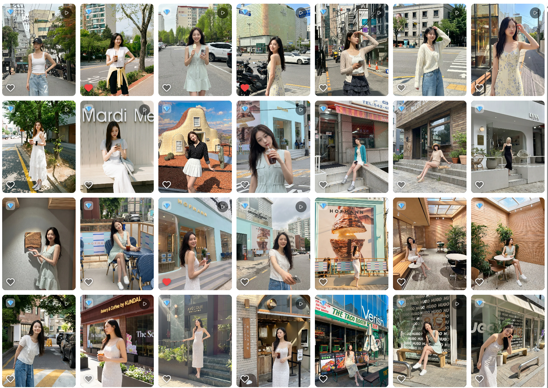 Grid gambar AI model StyleRoom menunjukkan pelbagai model Korea di lokasi Seoul yang berbeza dengan pelbagai gaya