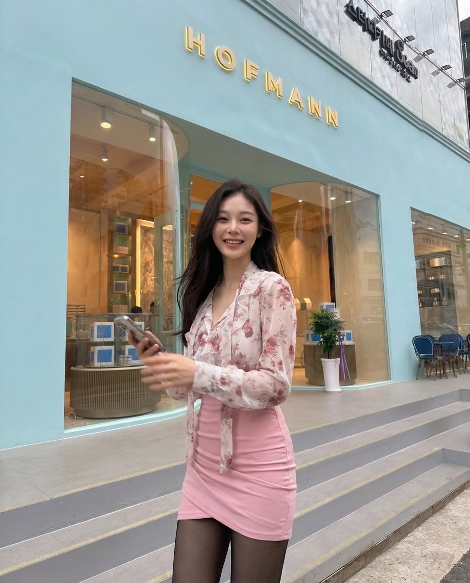 Korean model in pink floral blouse in front of Hofmann cafe, Seongsu