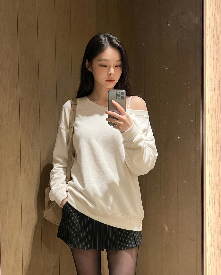 Korean model mirror selfie in cream sweatshirt and black pleated skirt