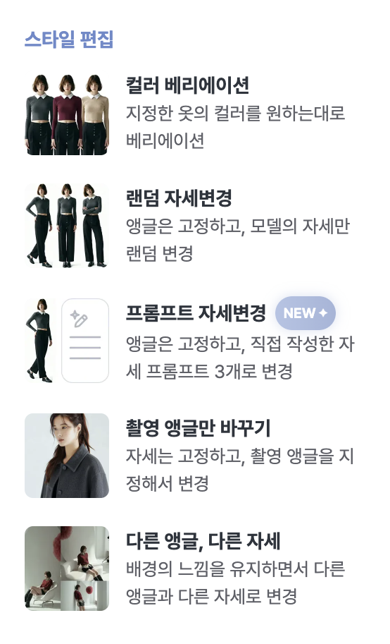 스타일룸 스타일 편집 메뉴 - 컬러 베리에이션, 랜덤 자세변경, 프롬프트 자세변경, 촬영 앵글만 바꾸기, 다른 앵글 다른 자세