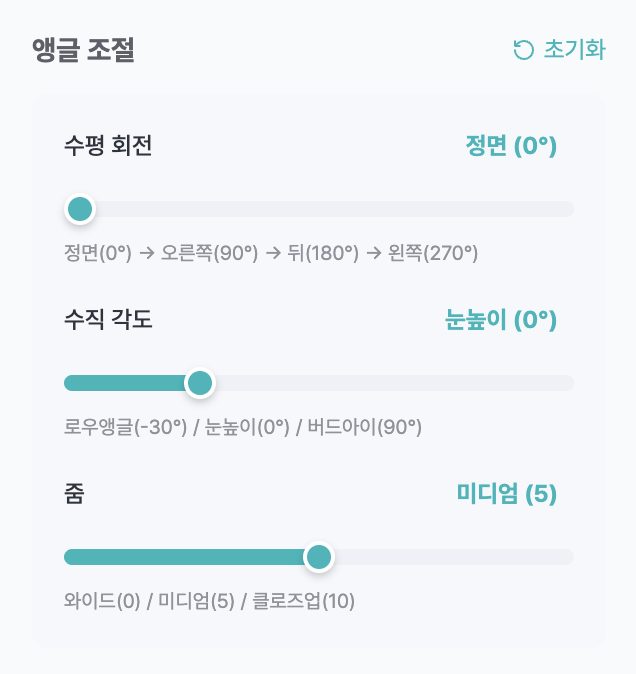 스타일룸 앵글 조절 화면 - 수평 회전, 수직 각도, 줌 슬라이더