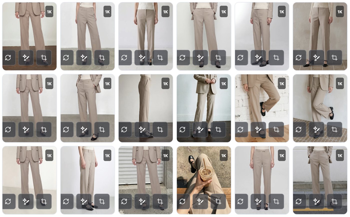 Many cuts made from a single pair of beige slacks, stacked in the gallery