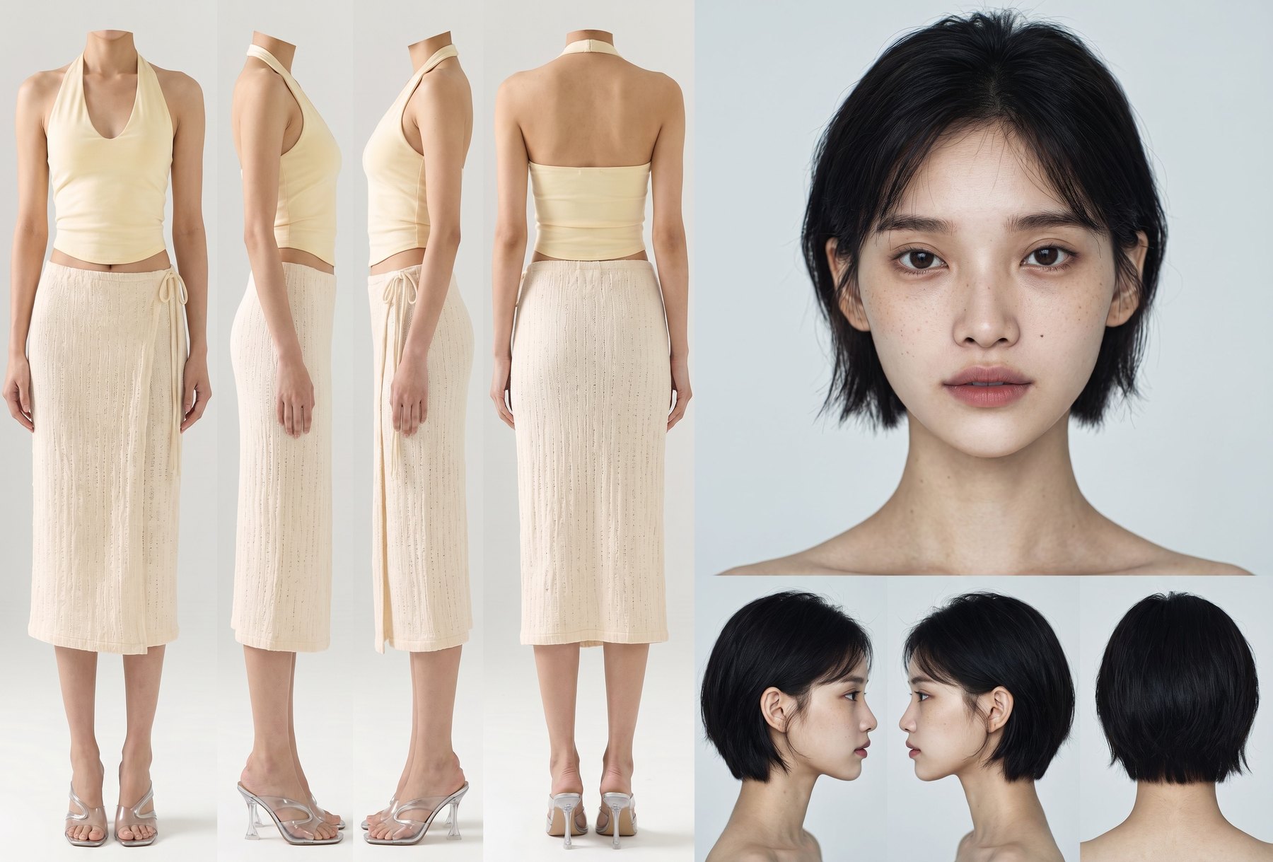 완성된 캐릭터 시트. 왼쪽에 머리가 없는 전신 네 컷, 오른쪽에 정면 얼굴을 크게 담고 그 아래 옆, 옆, 뒤 얼굴을 작게 담은 패널이 붙어 있다