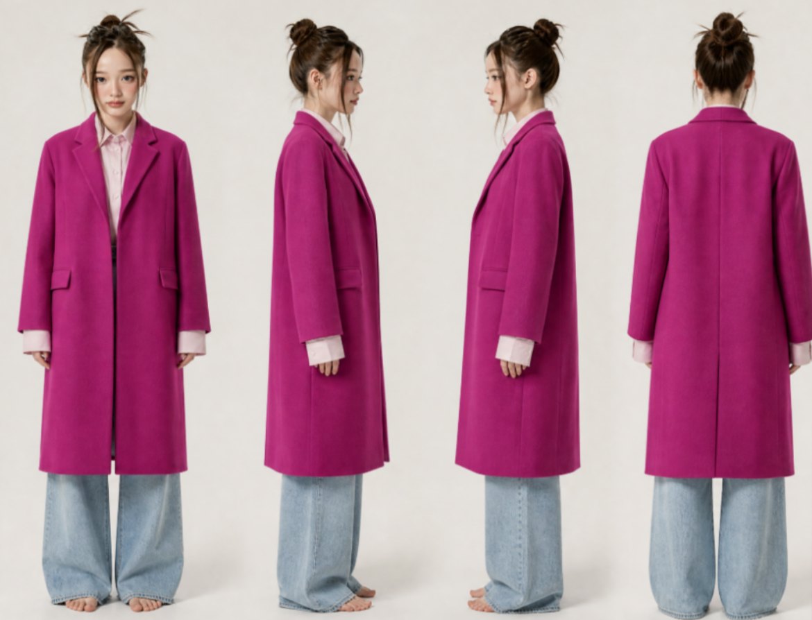 한 장에 앞, 옆, 옆, 뒤 네 방향 전신 컷이 나란히 들어간 캐릭터 시트. 네 컷 모두 얼굴이 함께 그려져 있으나 얼굴이 작게 나온다