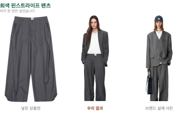 회색 핀스트라이프 팬츠 한 장을 넣으면 같은 원단 블레이저를 앞을 열어 입고 흰 이너를 받쳐 입은 결과가 나온다.