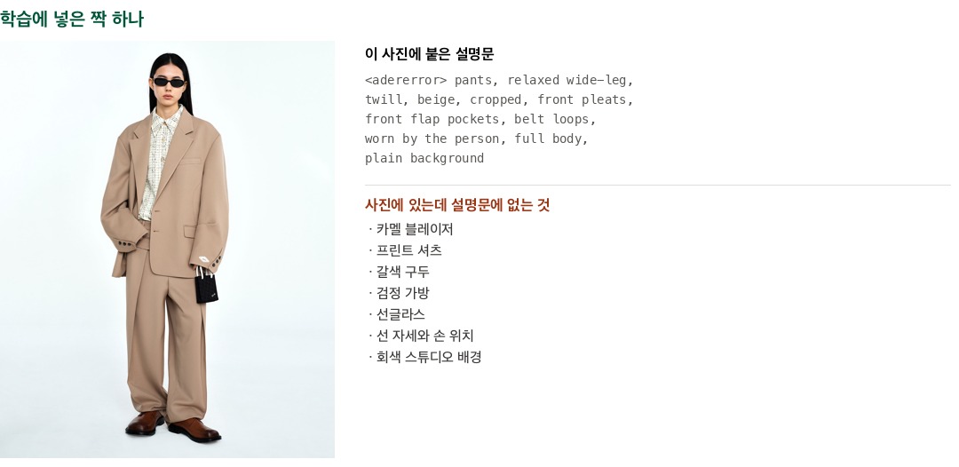 학습에 넣은 사진 한 장과 거기 붙은 설명문. 설명문은 바지만 서술하고 자켓·구두·가방·배경은 한 마디도 없다.