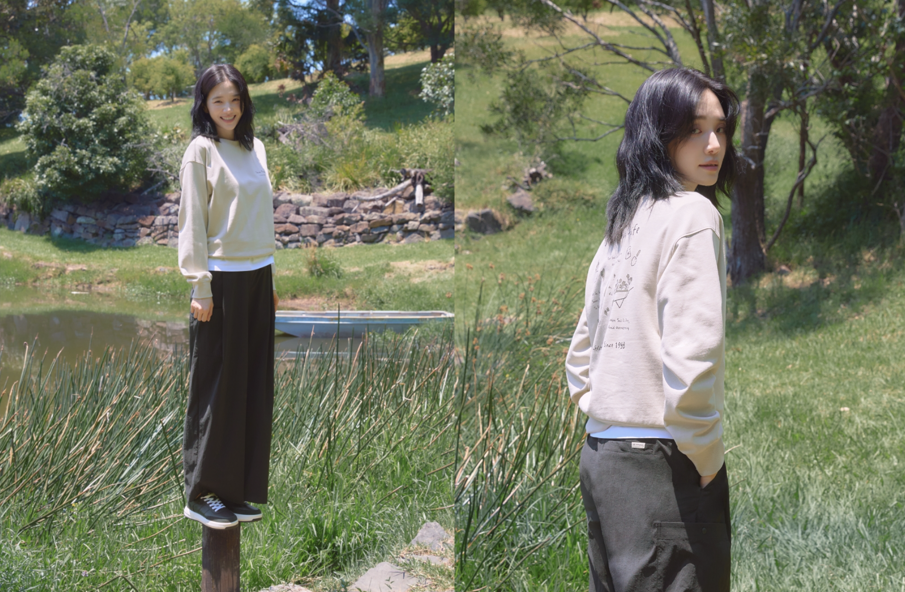 Snow Peak 26SS 여성 — 공원 호숫가 투샷