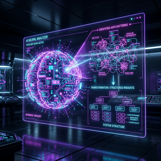 AI Neural Analyzer processing complex topologies and identifying architectural anti-patterns