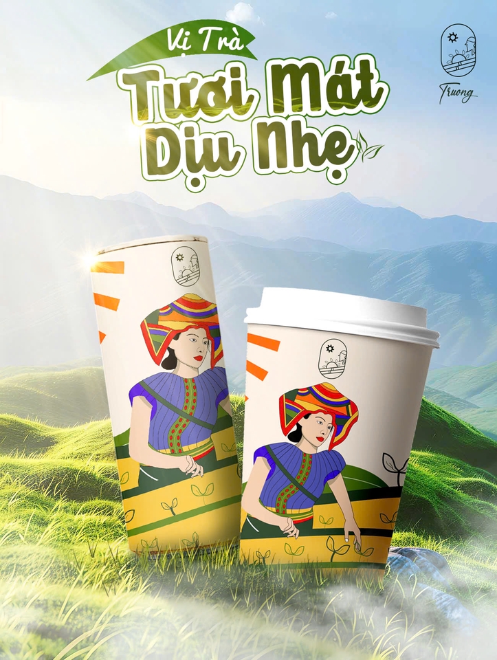 Thiết kế banner trà sữa với hình ảnh cô gái xinh đẹp, slogan "Tươi mát dịu nhẹ" và logo "Vi Trà" phù hợp cho quảng cáo trên mạng xã hội.