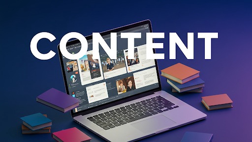 Dịch vụ tiếp thị nội dung freelance, hình ảnh về máy tính xách tay với nội dung trên màn hình, sách, nền gradient