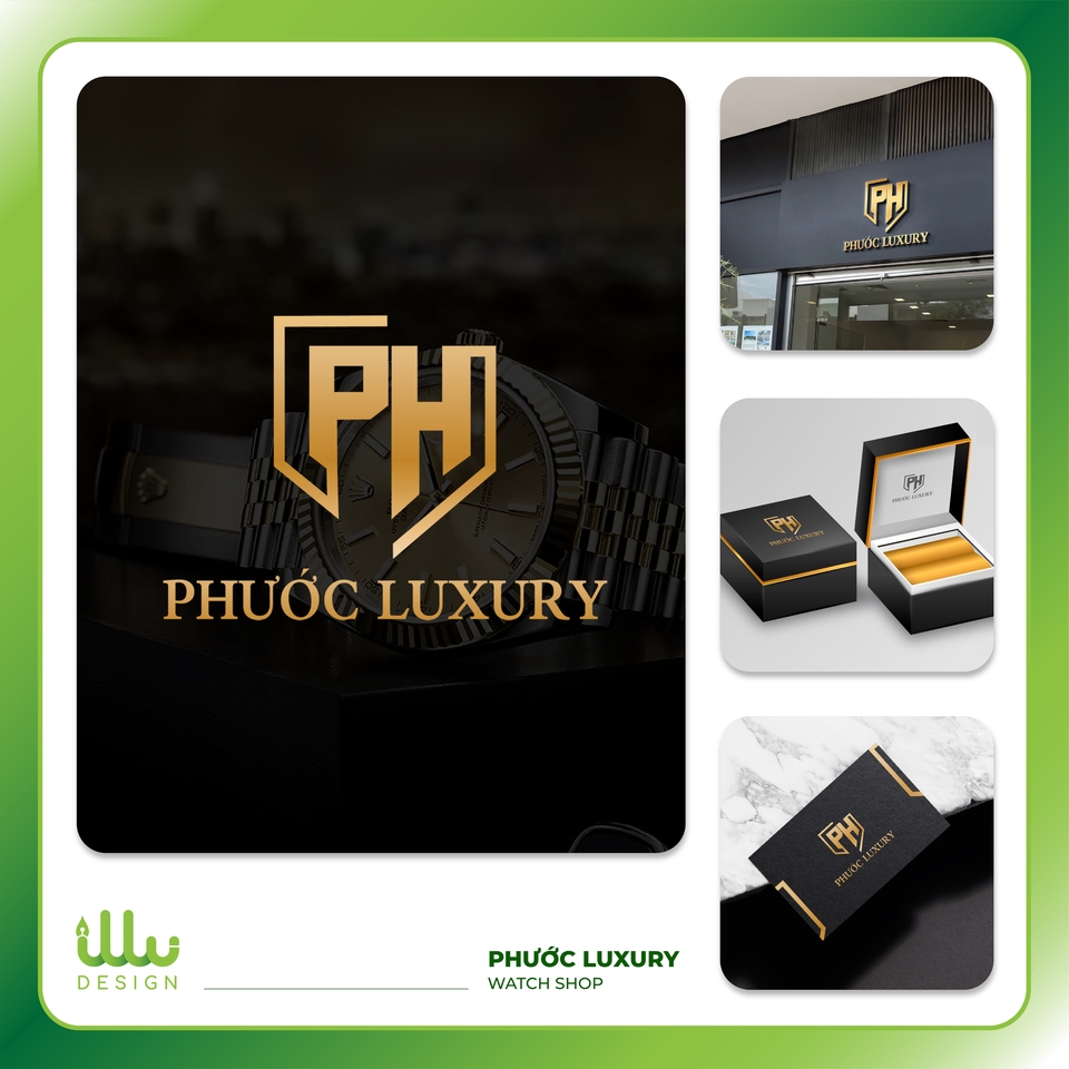 Thiết kế logo chuyên nghiệp cho thương hiệu Phước Luxury, với logo hình chữ P và H, được thể hiện trên mặt đồng hồ và hộp đựng đồng hồ sang trọng.