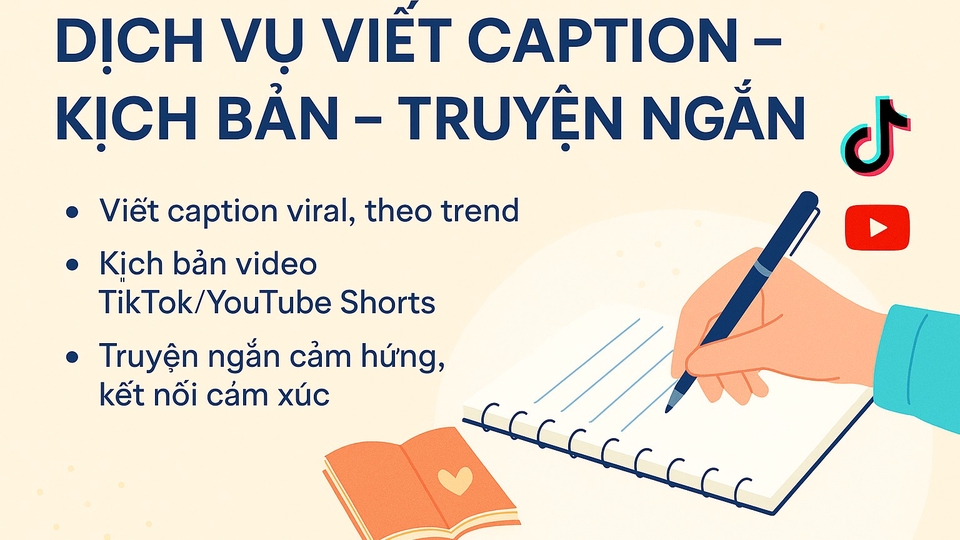 Dịch vụ viết content cho TikTok, YouTube Shorts, viết caption viral, kịch bản video, truyện ngắn, bài viết chuẩn SEO, tuyển dụng content writer freelancer, công việc viết lách, freelance writing jobs, dịch vụ viết content chuẩn seo.