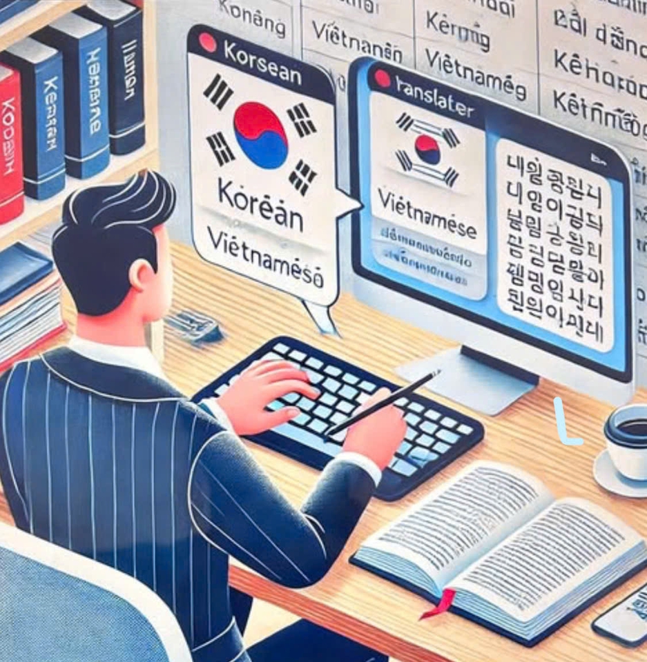 Dịch thuật viên freelancer đang sử dụng phần mềm dịch thuật trực tuyến để dịch tài liệu từ tiếng Hàn sang tiếng Việt.