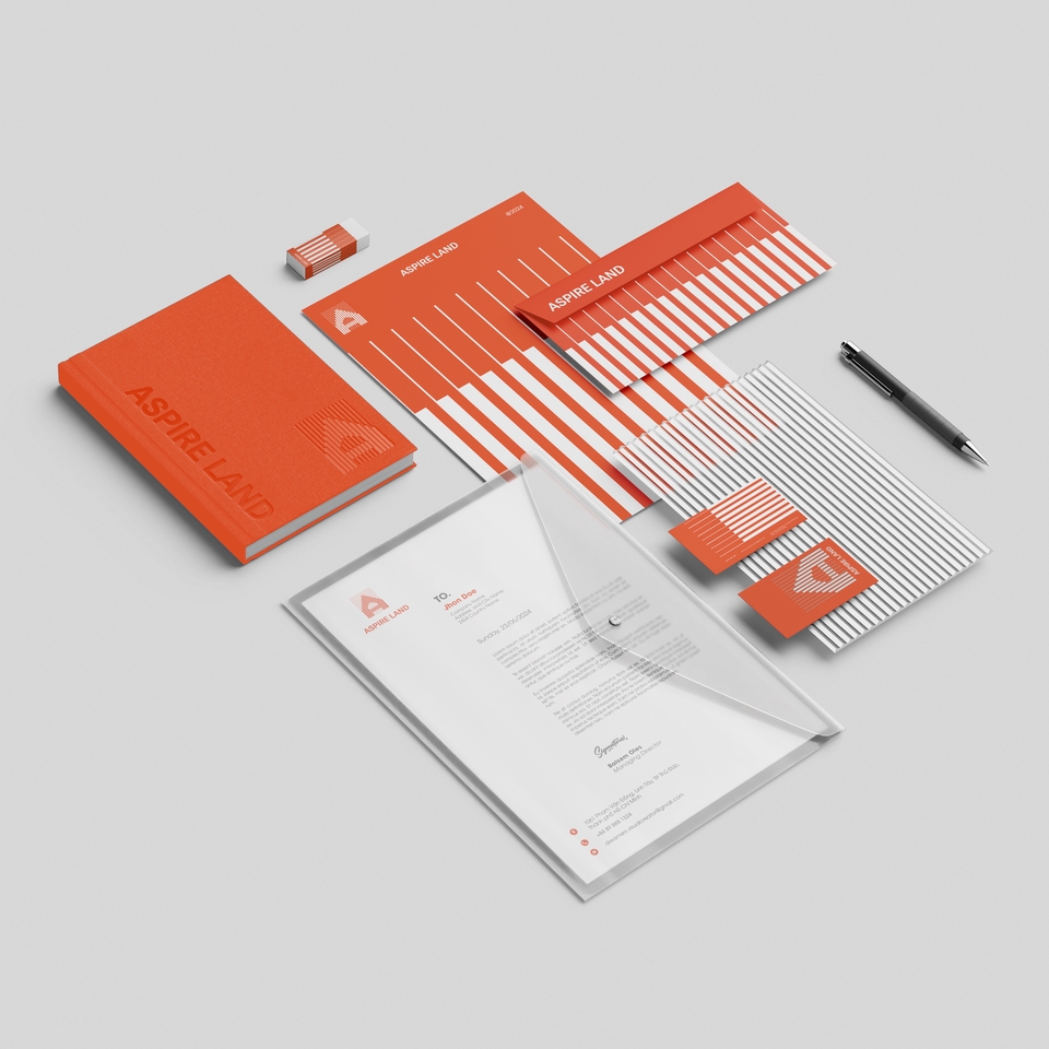 Thiết kế logo đẹp cho dịch vụ freelancer - Hình ảnh hiển thị bộ nhận diện thương hiệu với phong cách tối giản và hiện đại, bao gồm logo, danh thiếp, và tài liệu.