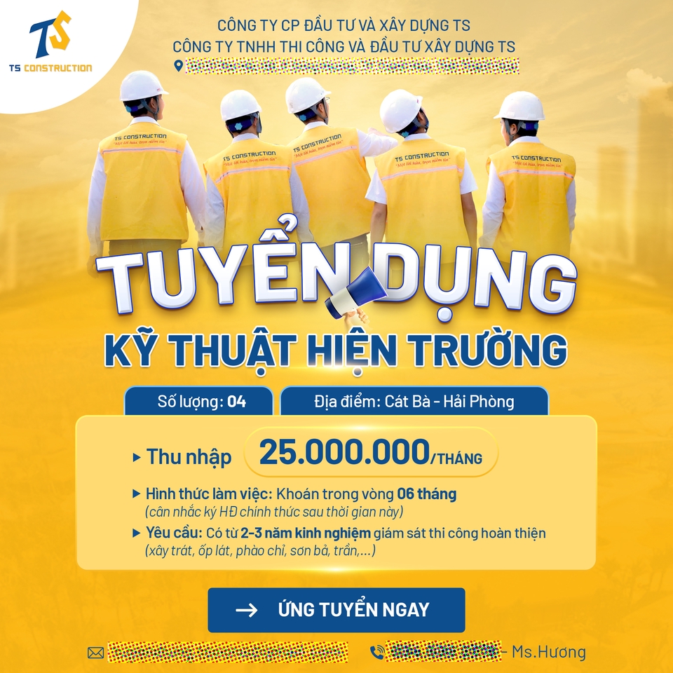 Tuyển dụng Kỹ thuật thi công - TS Construction - 25.000.000/tháng - Cát Bà - Hải Phòng - thiết kế banner tuyển dụng