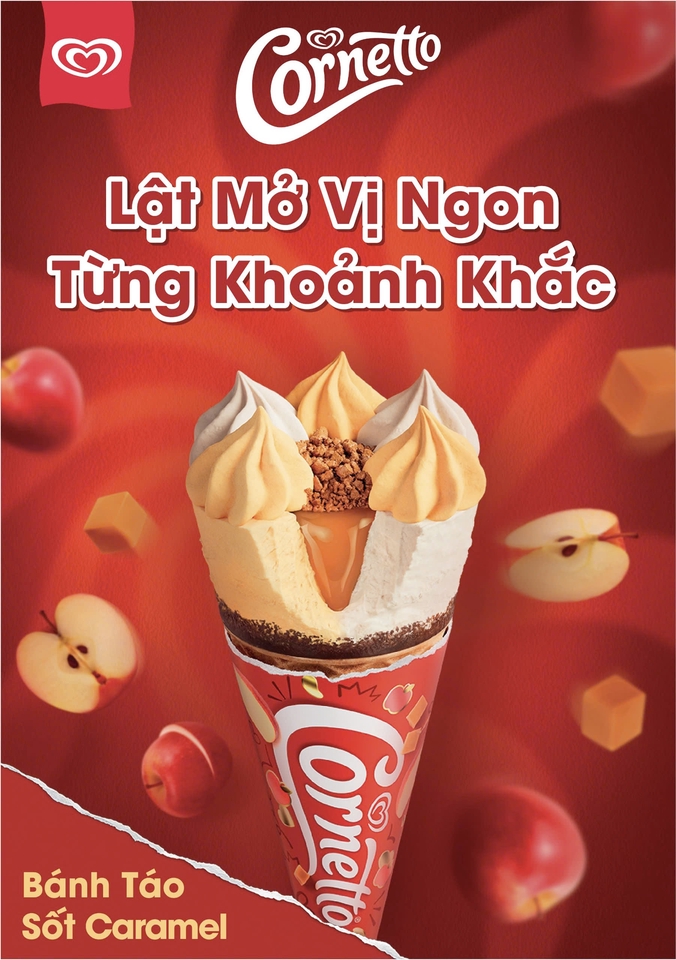Banner quảng cáo kem Cornetto vị táo caramel với slogan "Lật Mở Vị Ngon Từng Khoảnh Khắc" -  thiết kế banner đẹp
