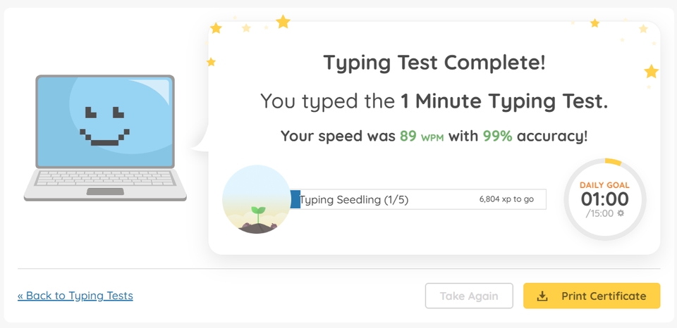 Kết quả bài kiểm tra đánh máy - tốc độ 89 wpm, độ chính xác 99% - đánh máy freelancer, tuyển đánh máy, nhập liệu freelancer, dịch vụ đánh máy thuê, gõ văn bản thuê tại nhà, dịch vụ nhập liệu