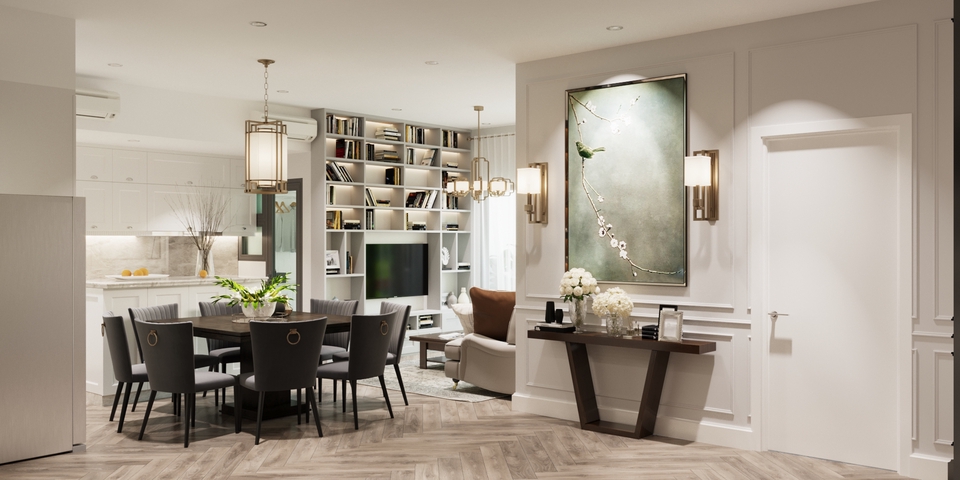 Thiết kế nội thất biệt thự hiện đại sang trọng với phòng khách và bàn ăn đẹp