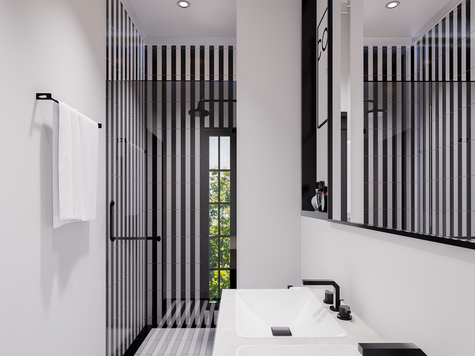 Thiết kế nội thất phòng tắm hiện đại với vách ngăn kính và gạch lát sàn vân gỗ, sử dụng tone màu trắng đen trang nhã