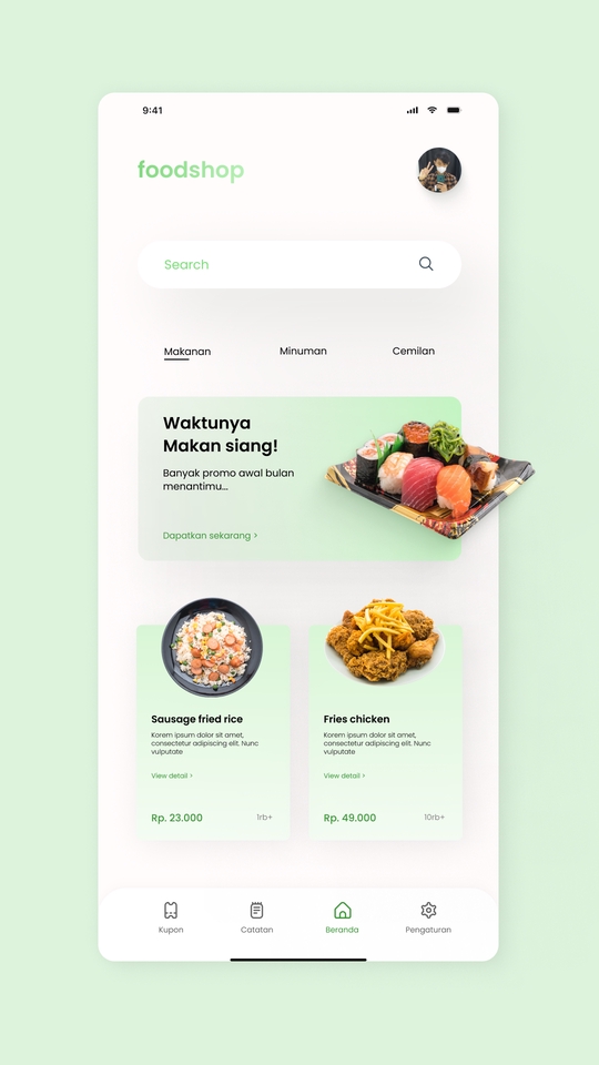 Desain antarmuka aplikasi makanan online dengan tampilan UI UX yang menarik dan modern.