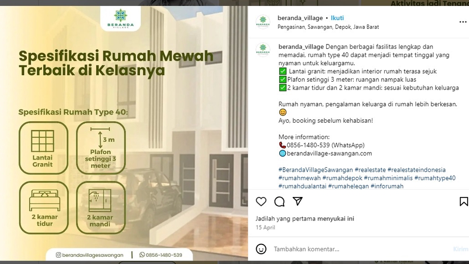 caption ig lucu rumah mewah dengan desain minimalis, hunian nyaman dengan spesifikasi terbaik, beranda village sawangan, rumah type 40