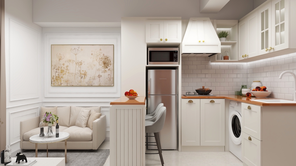 Desain interior minimalis ruang makan dan dapur dengan kitchen set, cocok untuk desain apartemen studio.