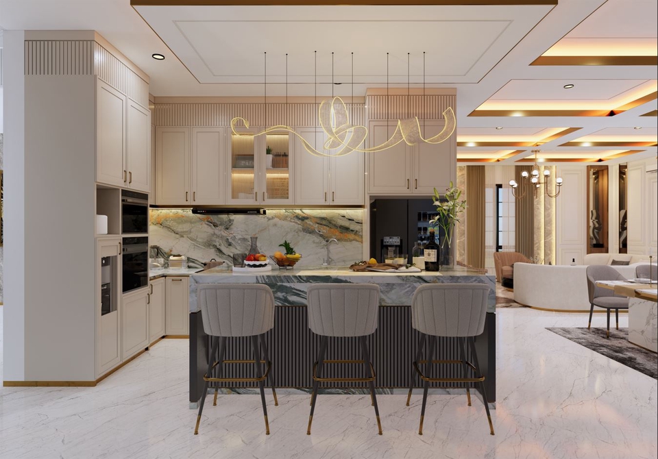 Desain dapur minimalis modern dengan furnitur kayu dan meja bar.