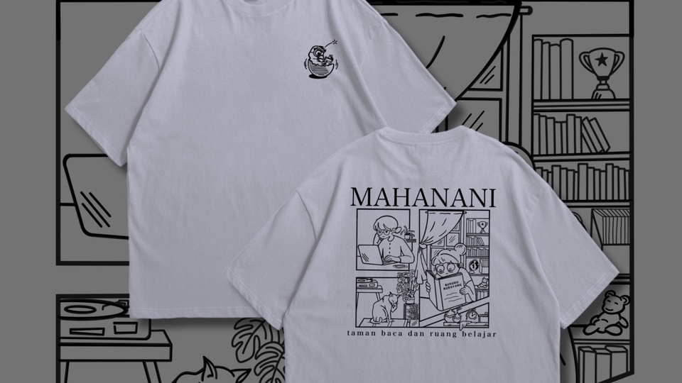 Desain kaos custom dengan motif "Taman Baca dan Ruang Belajar" cocok untuk kaos distro atau kaos komunitas.